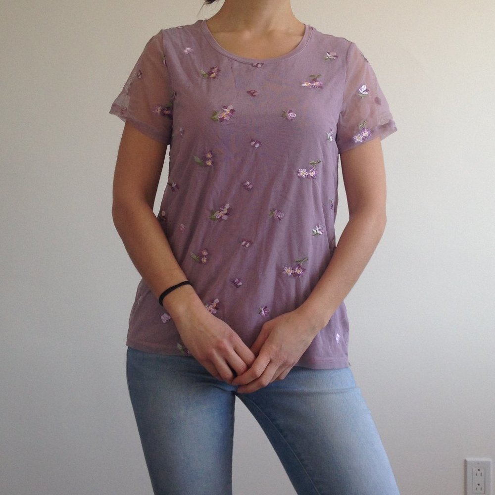Reitmans - Lilac Mesh Front Panel Short Sleeve Top